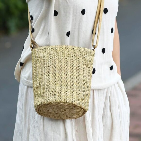 Cylindrical Crossbody Bag Women PP Straw Zipper Lightweight Travel Gift
